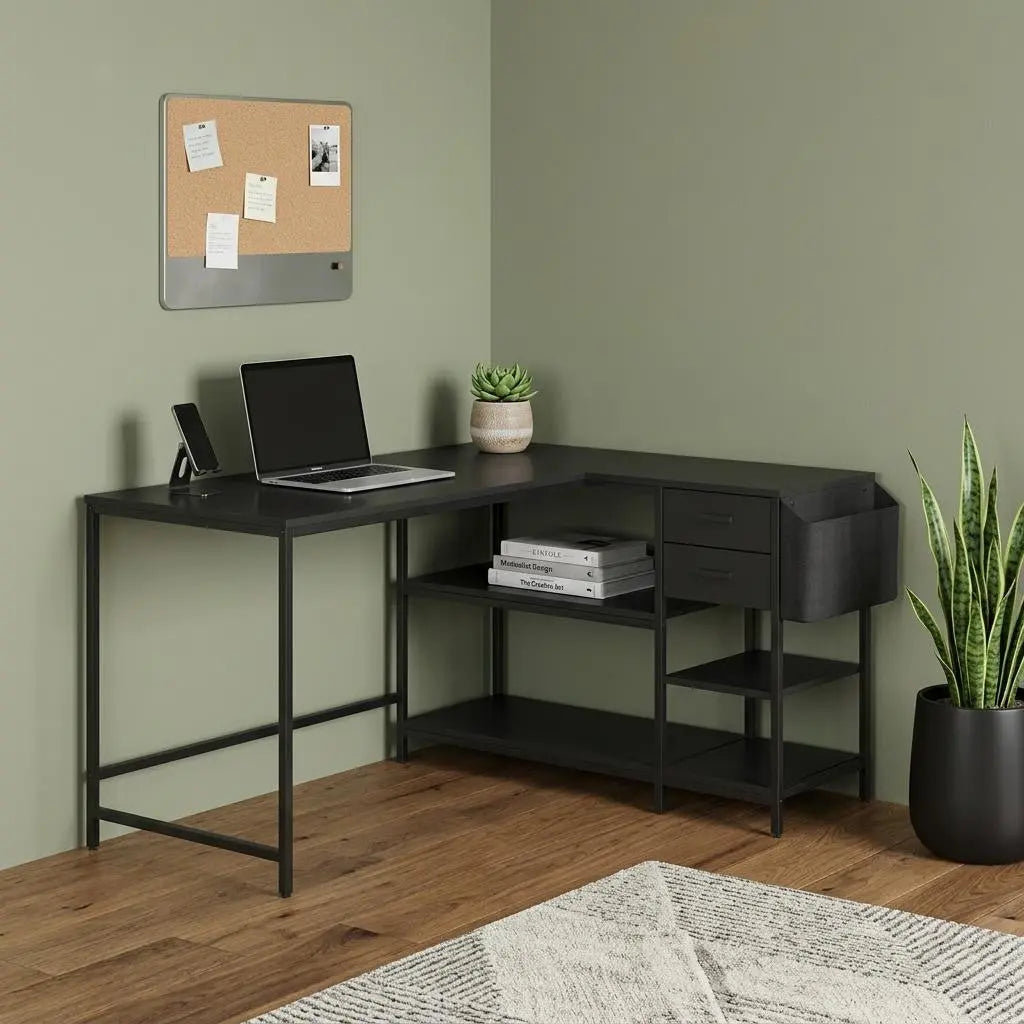 55" Black Wood and Stainless Steel L Shape Computer Desk Homeroots