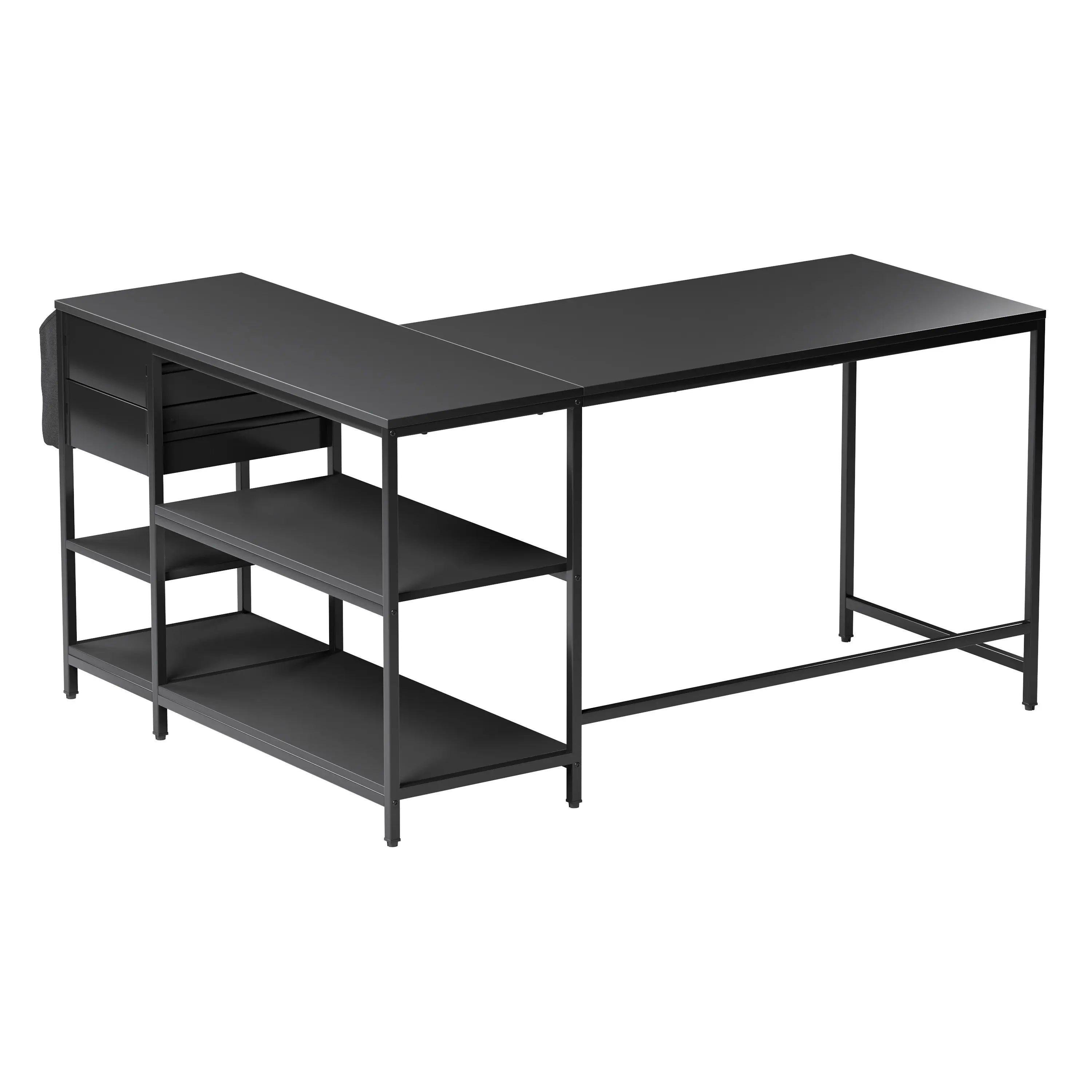 55" Black Wood and Stainless Steel L Shape Computer Desk Homeroots