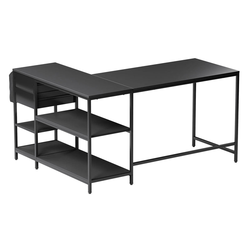 55" Black Wood and Stainless Steel L Shape Computer Desk Homeroots