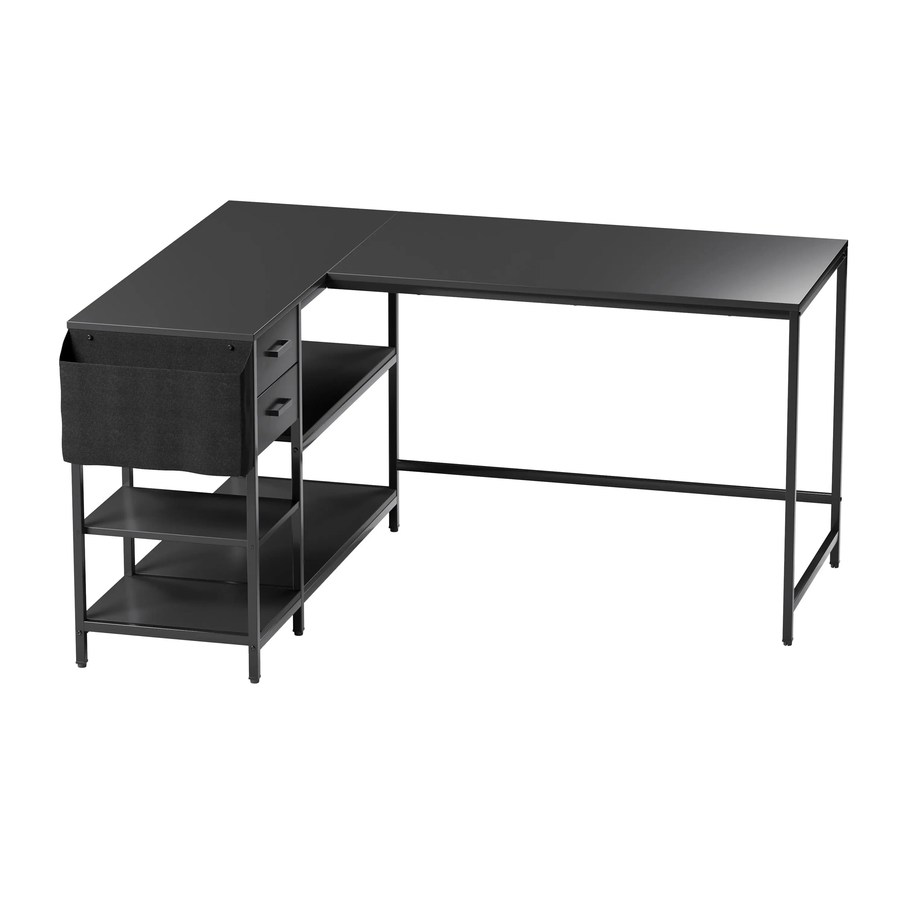 55" Black Wood and Stainless Steel L Shape Computer Desk Homeroots