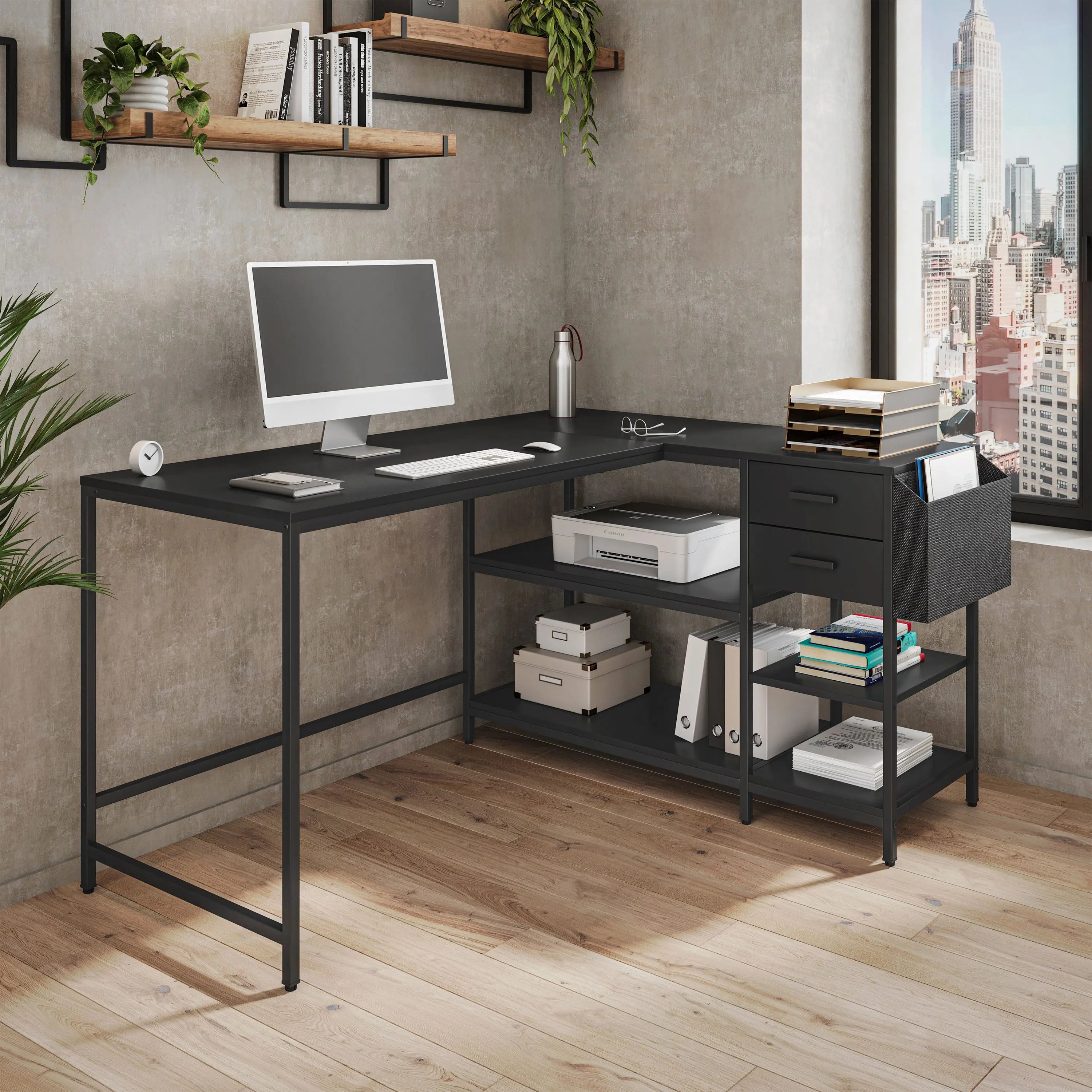 55" Black Wood and Stainless Steel L Shape Computer Desk Homeroots