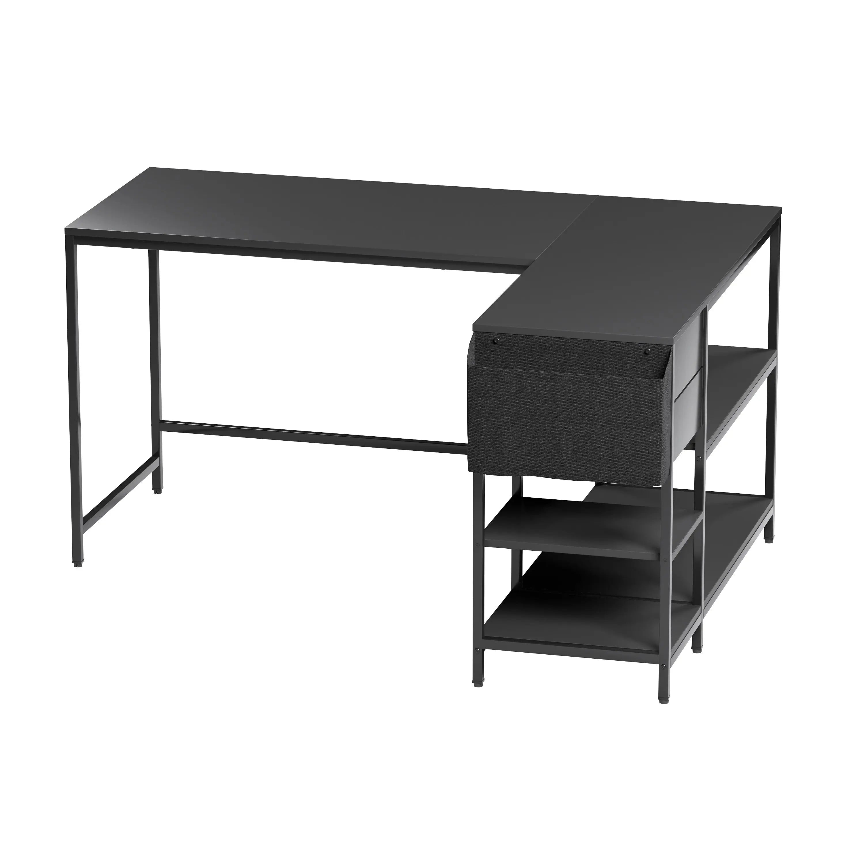 55" Black Wood and Stainless Steel L Shape Computer Desk Homeroots