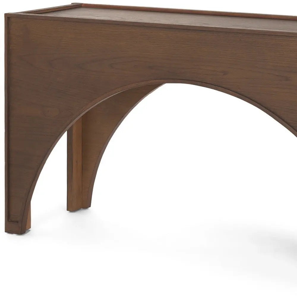 Mid-century wooden bench in rich walnut finish with elegant arched design, perfect for stylish entryways or living spaces.