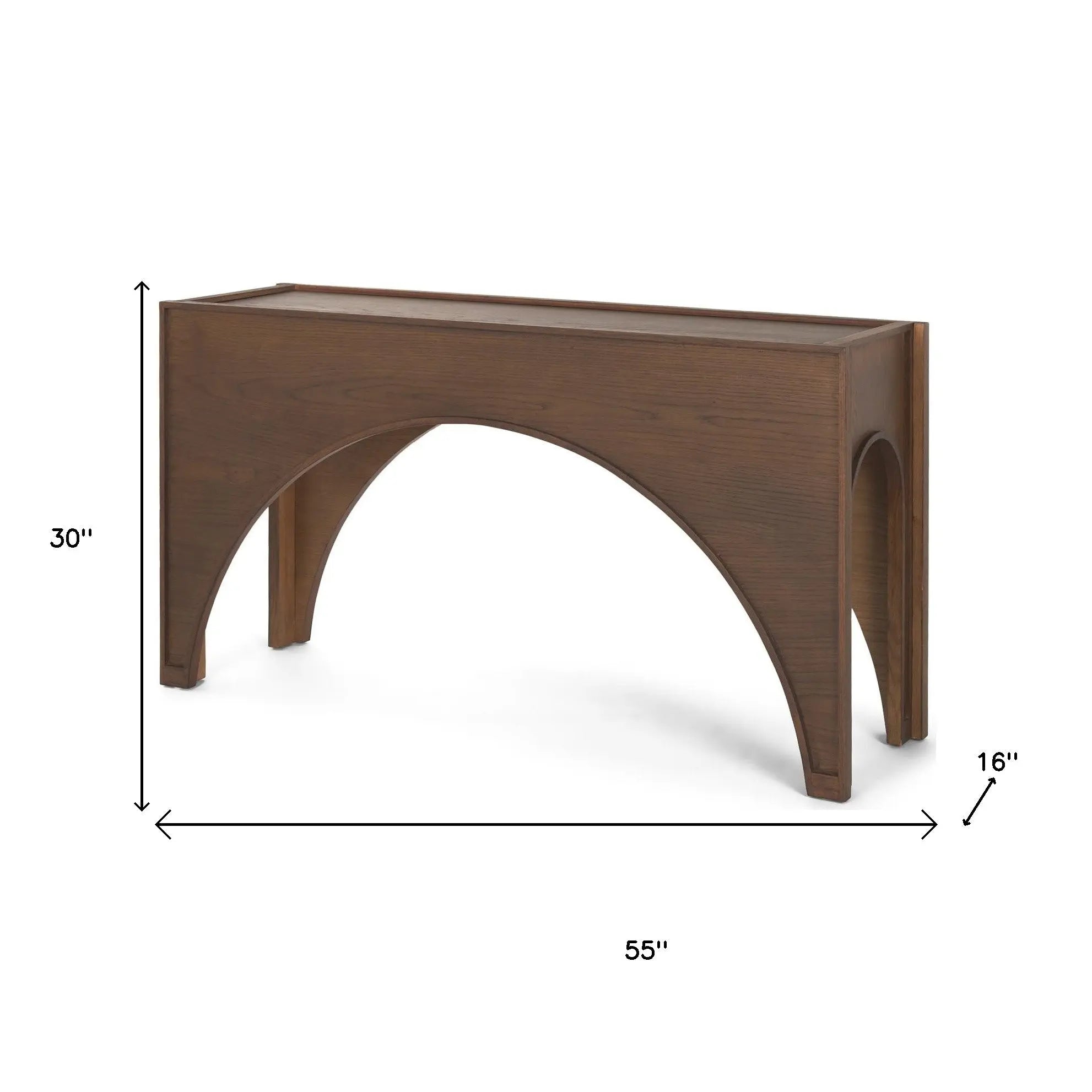 Brown wooden console table with arch design, 55"x16"x30", modern style for entryways or living rooms.