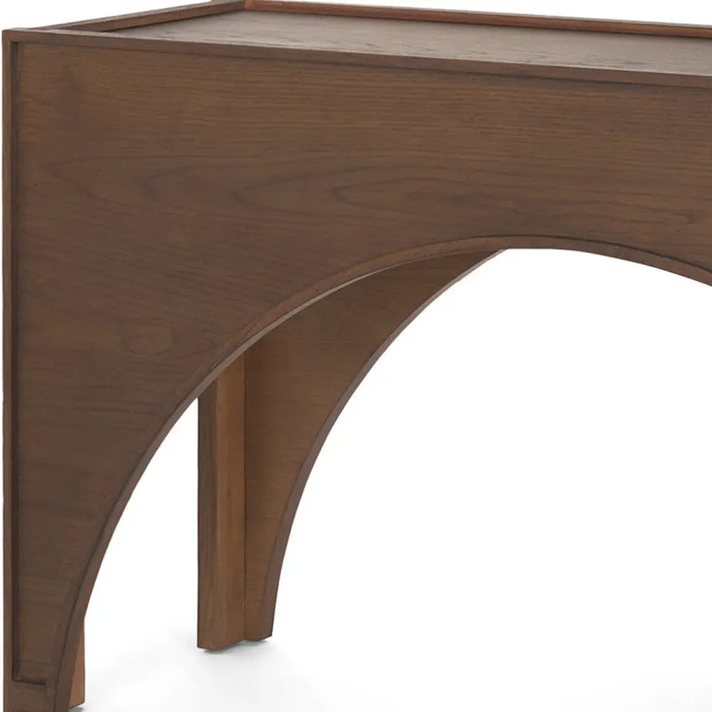 Walnut wood entry table with elegant arch design, showcasing a rich brown finish and modern style.