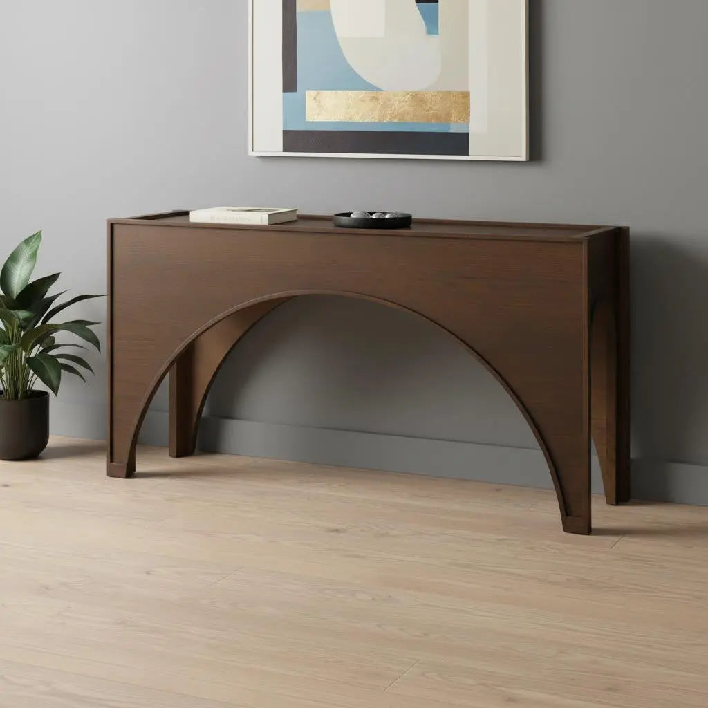 Modern brown wood console table with arch design, stylish for entryways or living rooms.