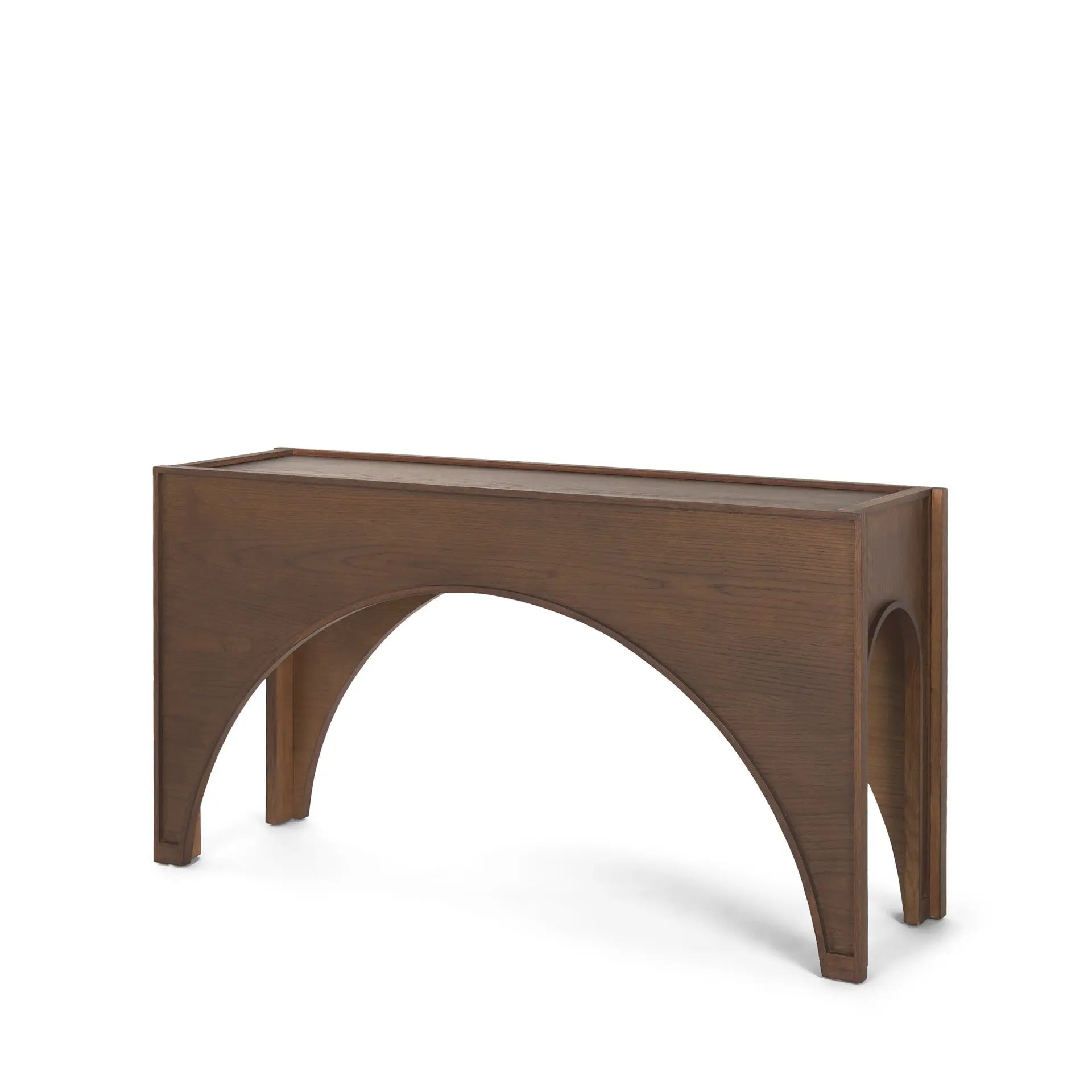 Dark walnut wood console table with elegant arched design, perfect for modern or minimalist decor styles.