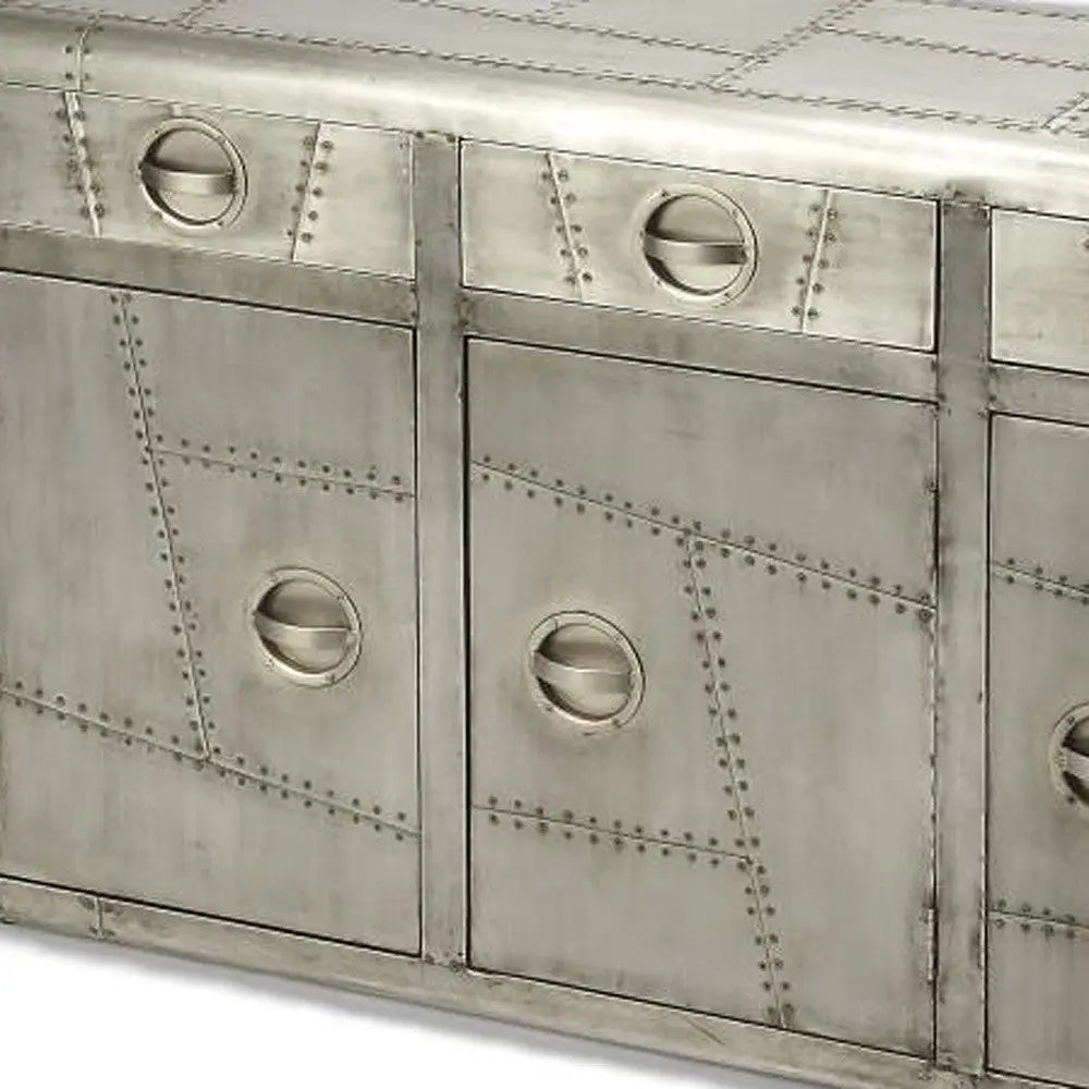 55" Silver Steel Console Accent Cabinet With Three Drawers Homeroots Kitchen & Dining