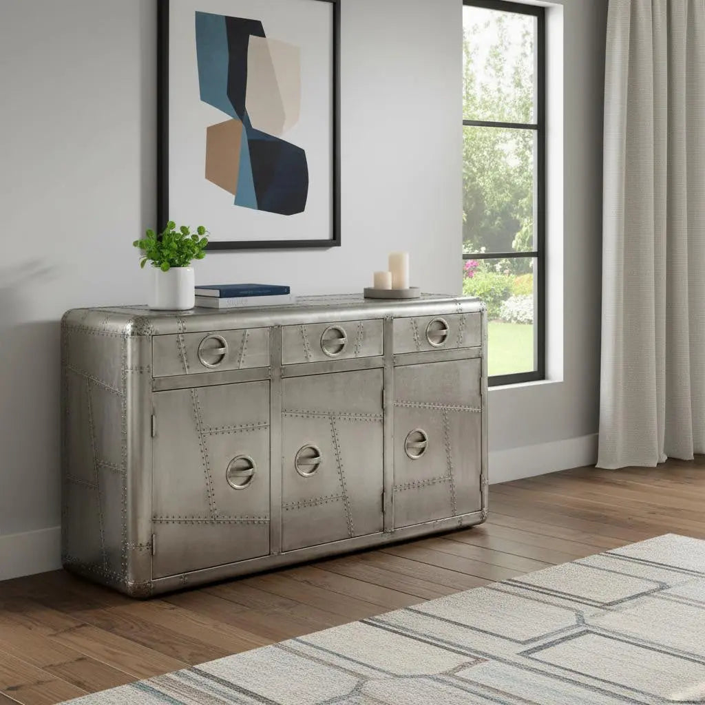 55" Silver Steel Console Accent Cabinet With Three Drawers Homeroots Kitchen & Dining