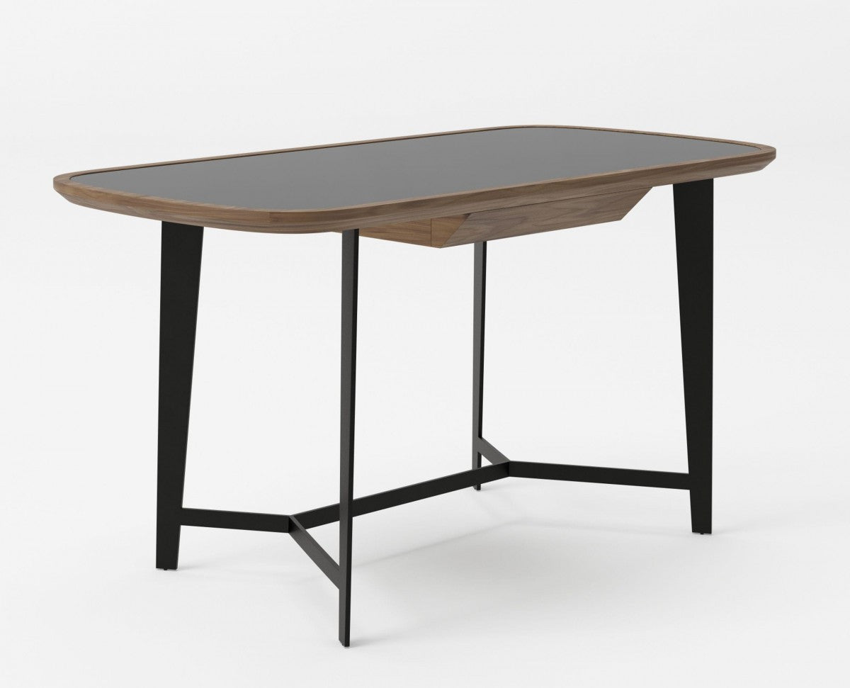55" Walnut And Black Glass Rectangular Writing Desk Homeroots Office