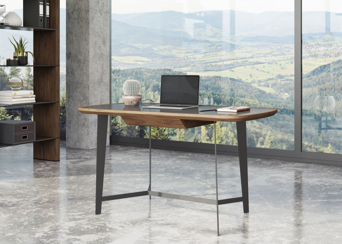 55" Walnut And Black Glass Rectangular Writing Desk Homeroots Office