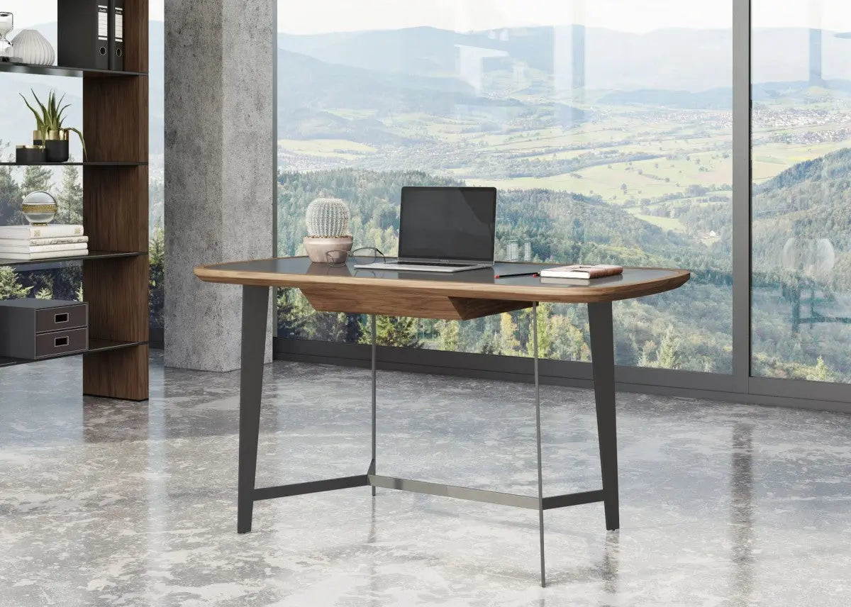 55" Walnut And Black Glass Rectangular Writing Desk Homeroots Office