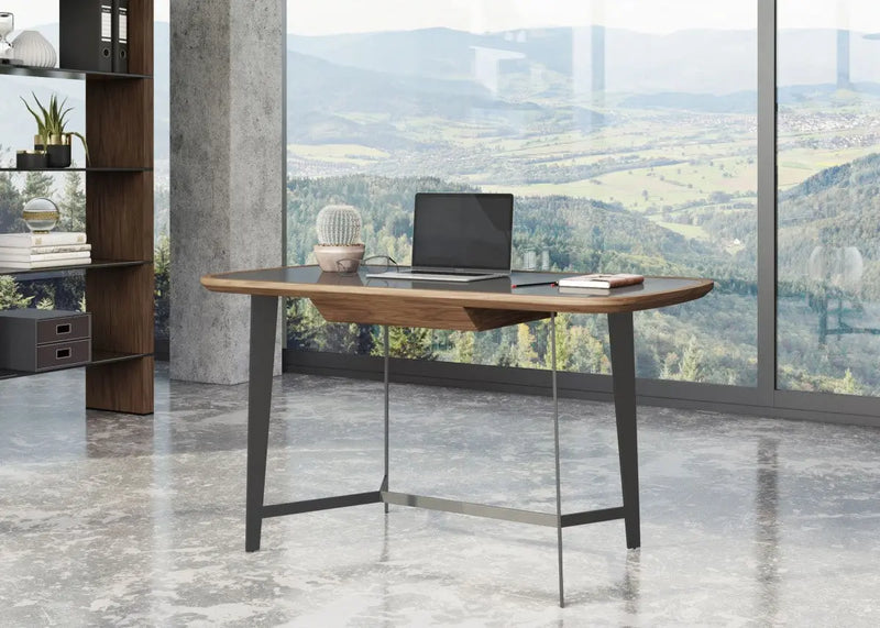 55" Walnut And Black Glass Rectangular Writing Desk Homeroots Office