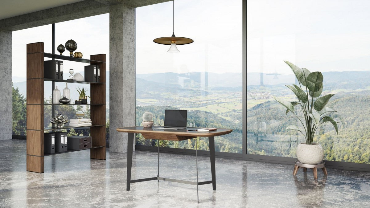 55" Walnut And Black Glass Rectangular Writing Desk Homeroots Office