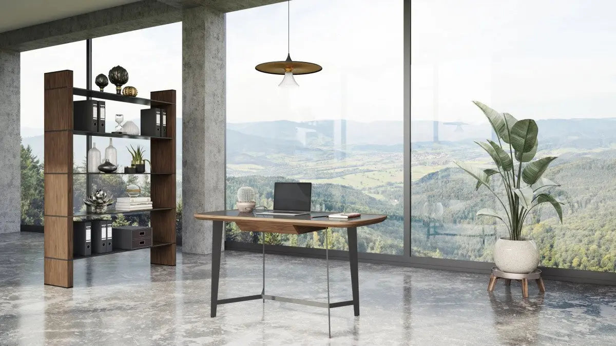 55" Walnut And Black Glass Rectangular Writing Desk Homeroots Office