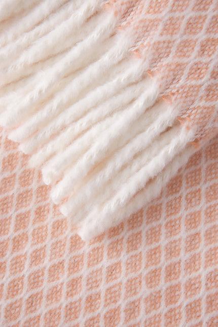 55" X 70" Coral And White Cotton Blend Geometric Plush Throw Blanket with Fringe Homeroots Home Decor