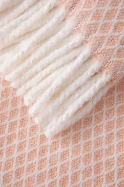 55" X 70" Coral And White Cotton Blend Geometric Plush Throw Blanket with Fringe Homeroots Home Decor