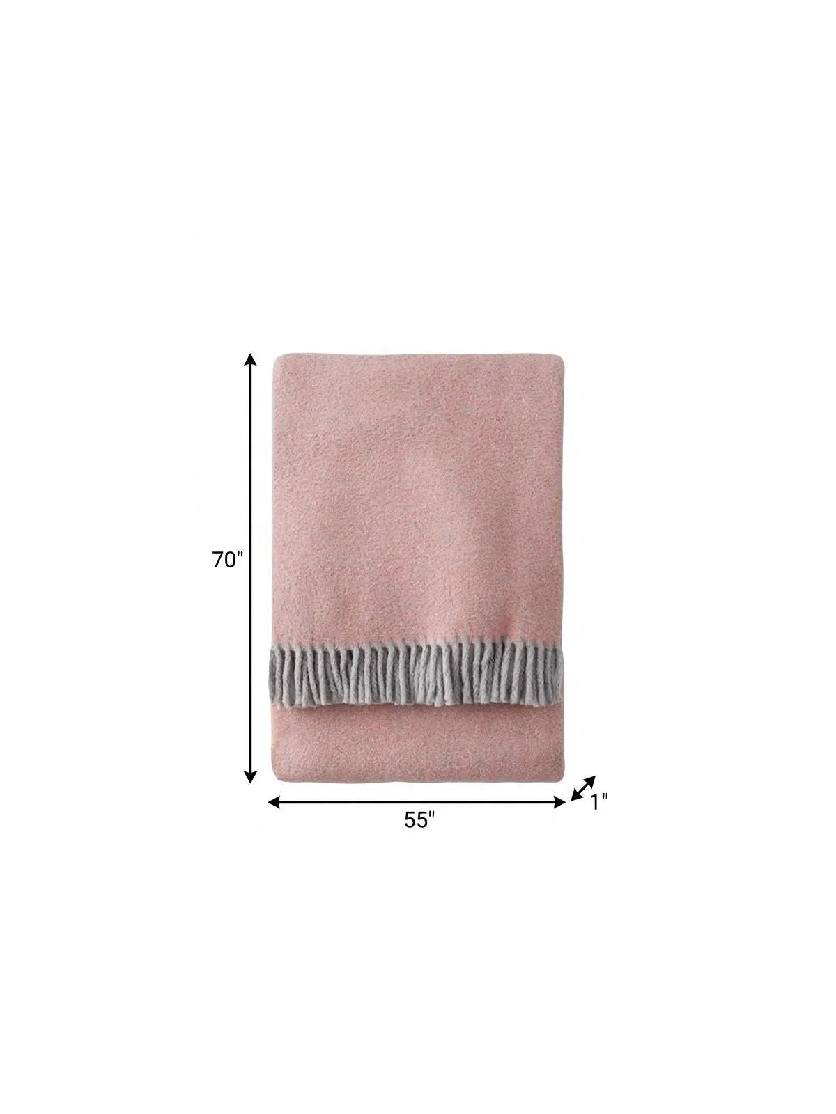 Cozy pink fleece throw blanket with gray fringed edge, 70"x55", perfect for warmth and style in any setting.
