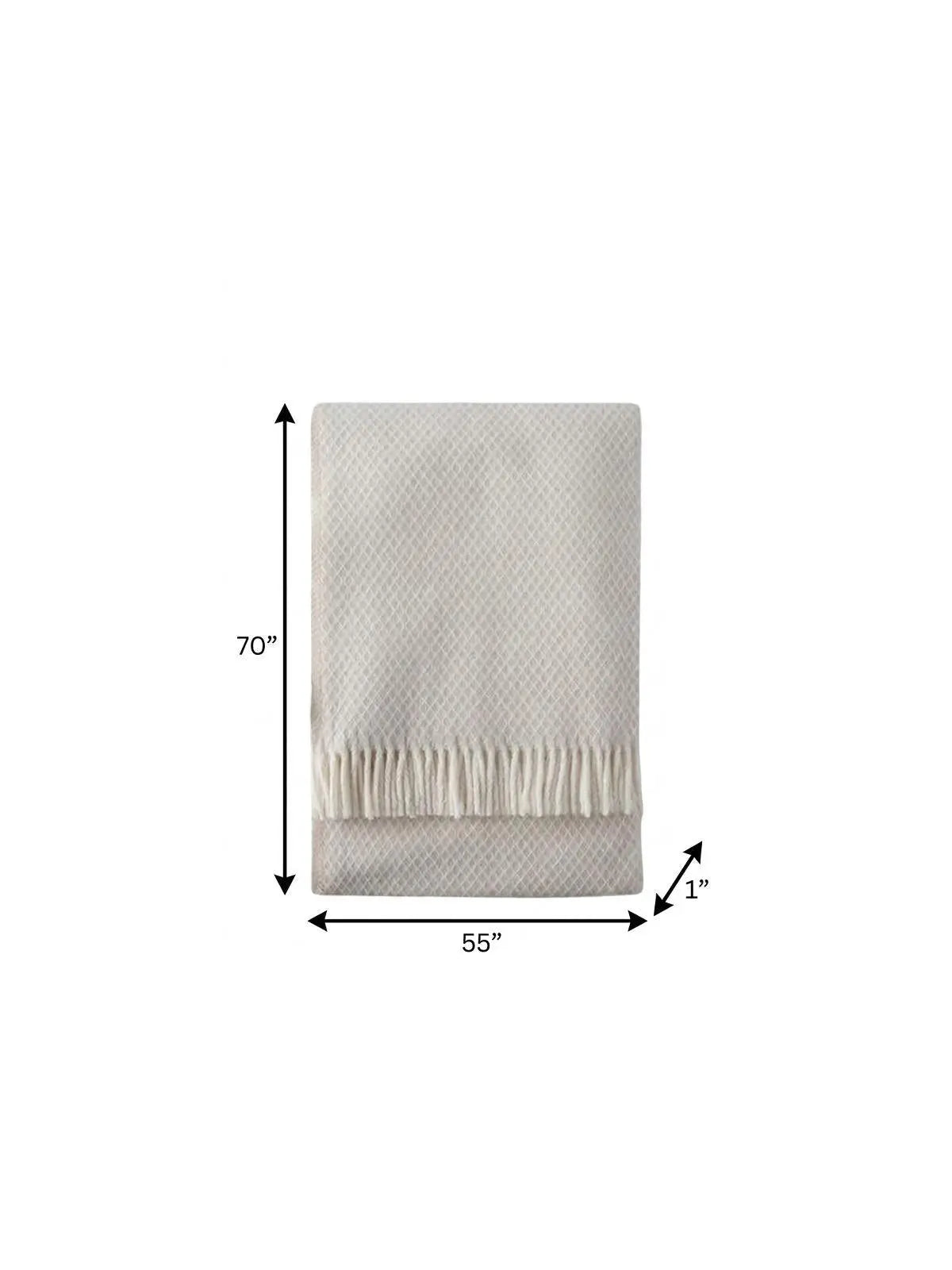 Cream woven blanket with fringe edges, 70"x55", perfect for cozying up on chilly evenings.