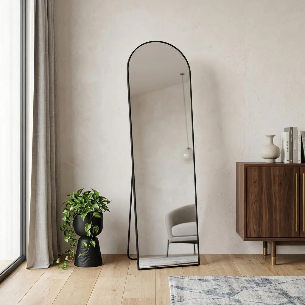 56" Black Aluminum Arch Freestanding And Wall Mounted Framed Full Length Mirror Homeroots Bed & Bath