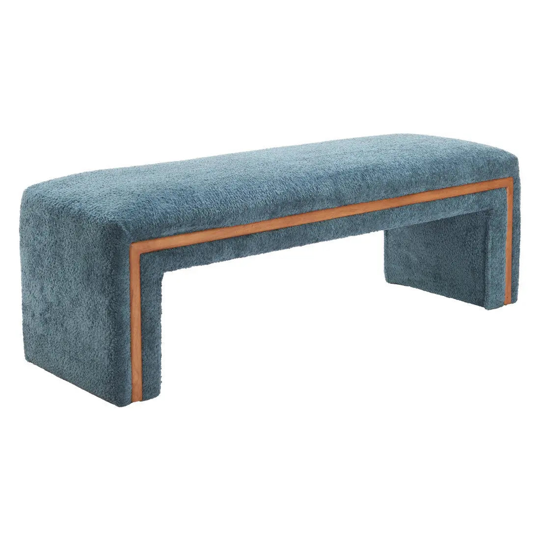 56" Blue and Brown Fabric and Solid Wood Upholstered Bench Homeroots Living Room