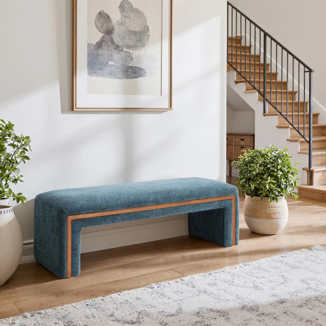 56" Blue and Brown Fabric and Solid Wood Upholstered Bench Homeroots Living Room