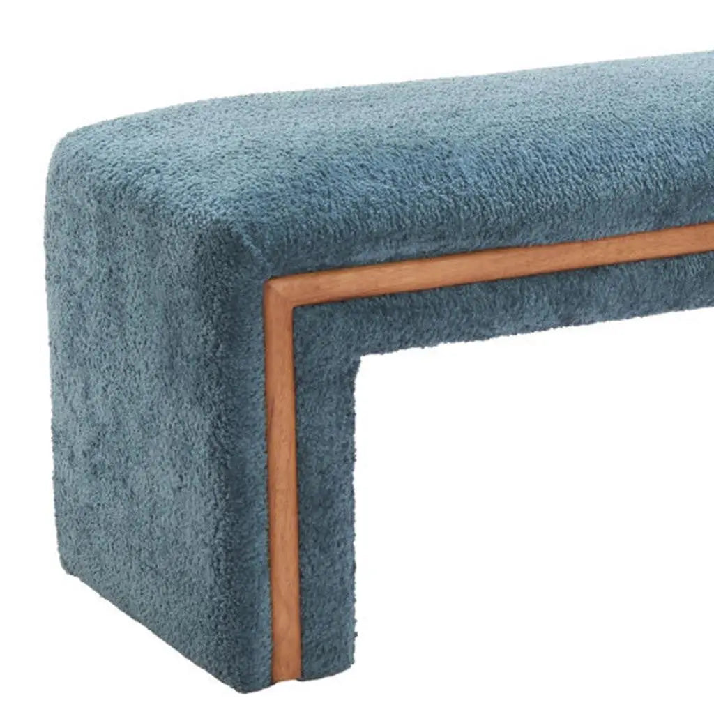 56" Blue and Brown Fabric and Solid Wood Upholstered Bench Homeroots Living Room