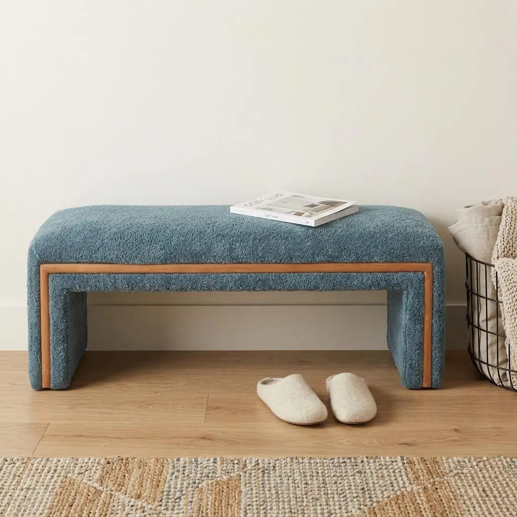 56" Blue and Brown Fabric and Solid Wood Upholstered Bench Homeroots Living Room