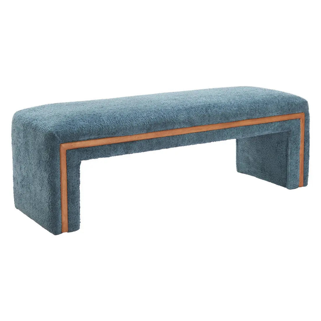56" Blue and Brown Fabric and Solid Wood Upholstered Bench Homeroots Living Room