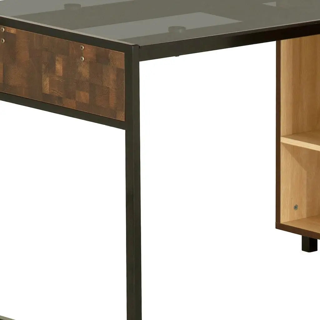 56" Brown and Natural Glass Wood and Stainless Steel L Shape Sled Computer Desk and Bookshelf Set Homeroots Office
