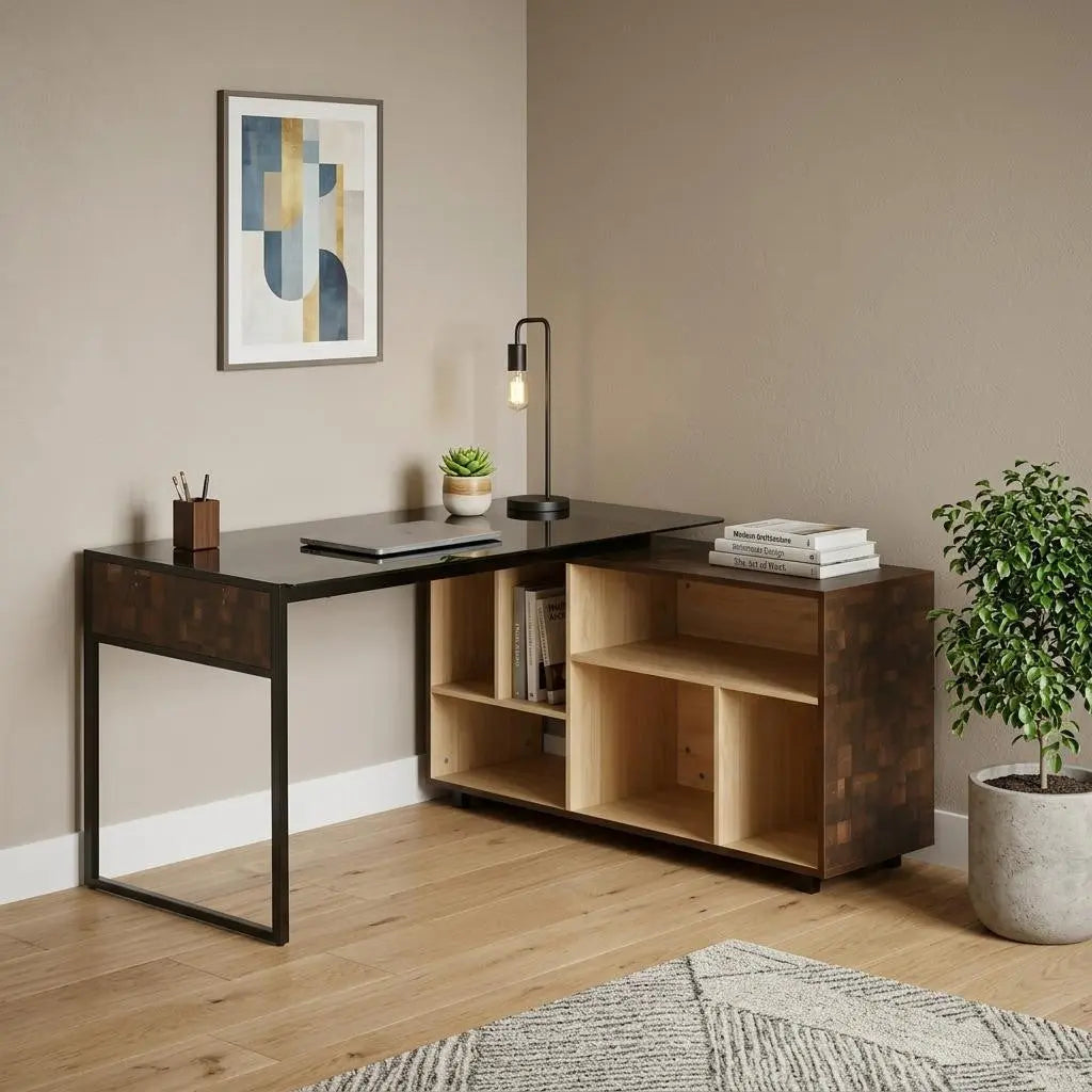 56" Brown and Natural Glass Wood and Stainless Steel L Shape Sled Computer Desk and Bookshelf Set Homeroots Office