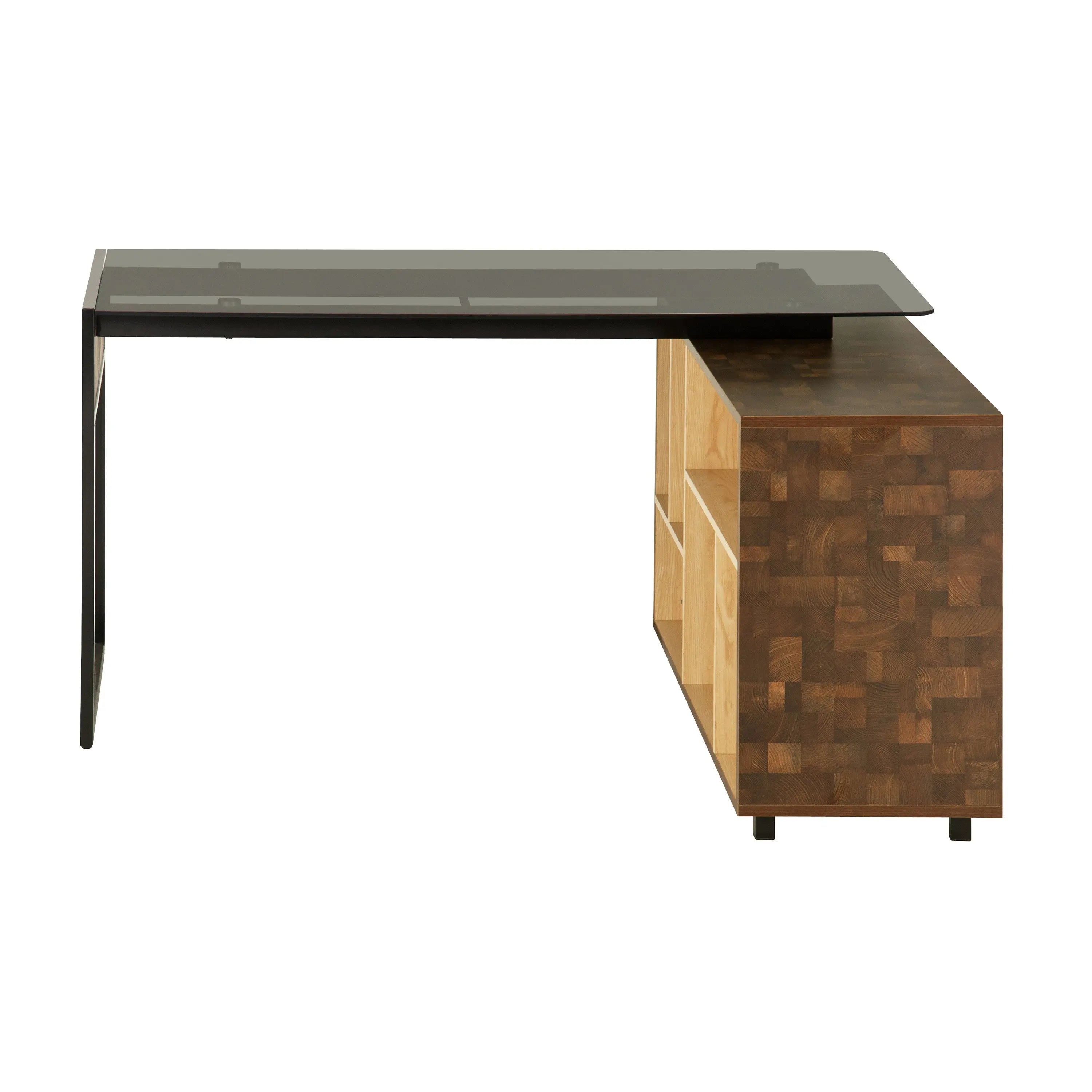 56" Brown and Natural Glass Wood and Stainless Steel L Shape Sled Computer Desk and Bookshelf Set Homeroots Office