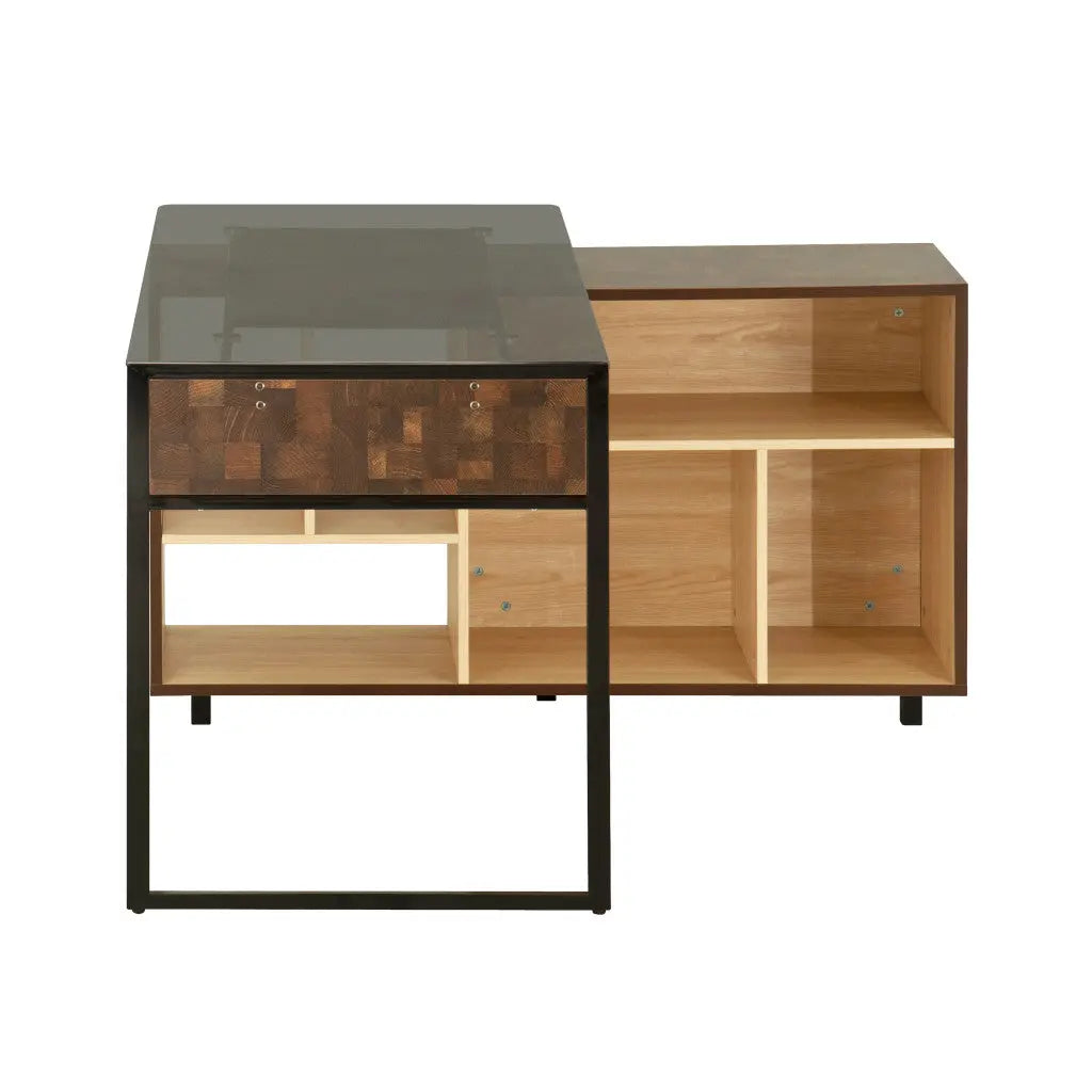 56" Brown and Natural Glass Wood and Stainless Steel L Shape Sled Computer Desk and Bookshelf Set Homeroots Office