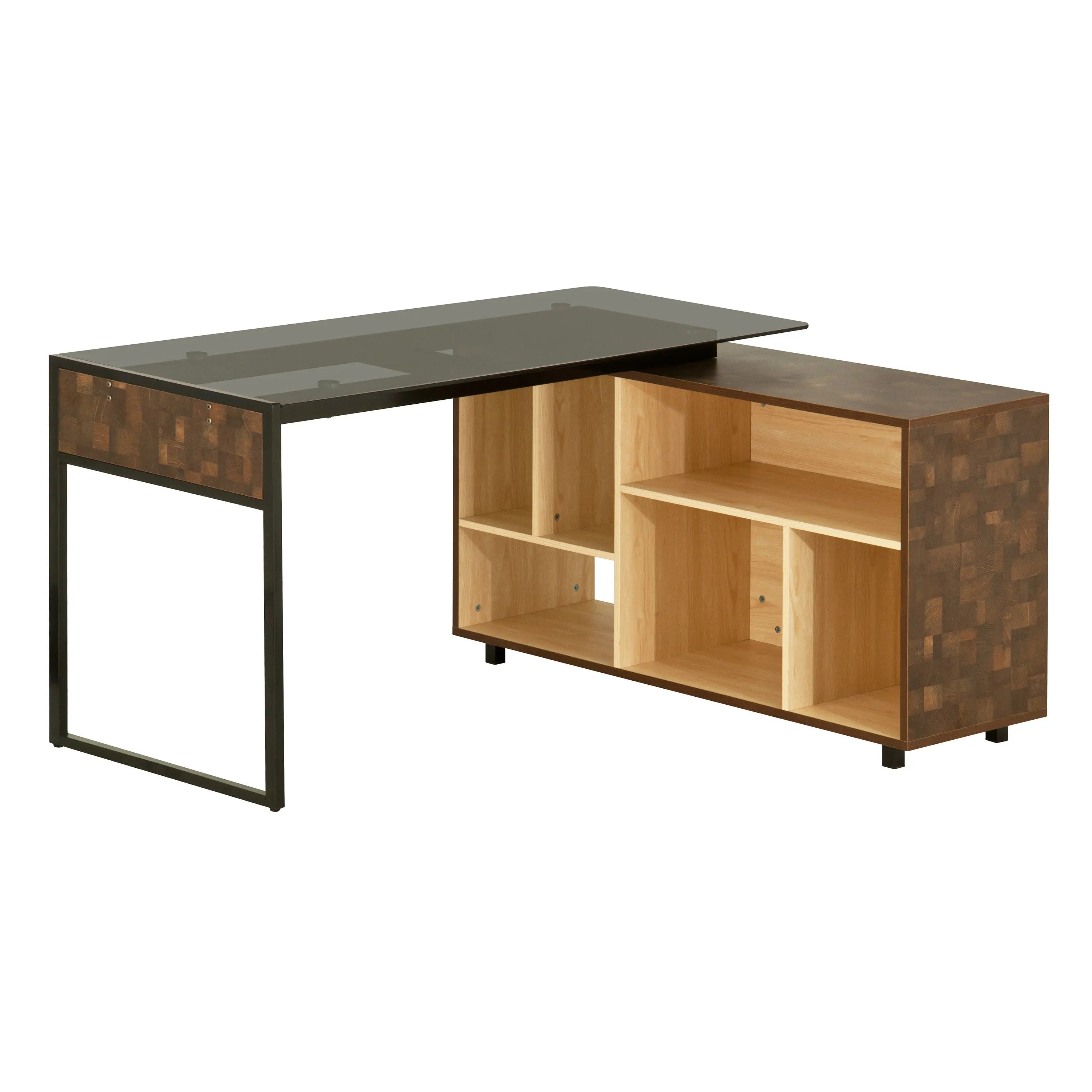 56" Brown and Natural Glass Wood and Stainless Steel L Shape Sled Computer Desk and Bookshelf Set Homeroots Office
