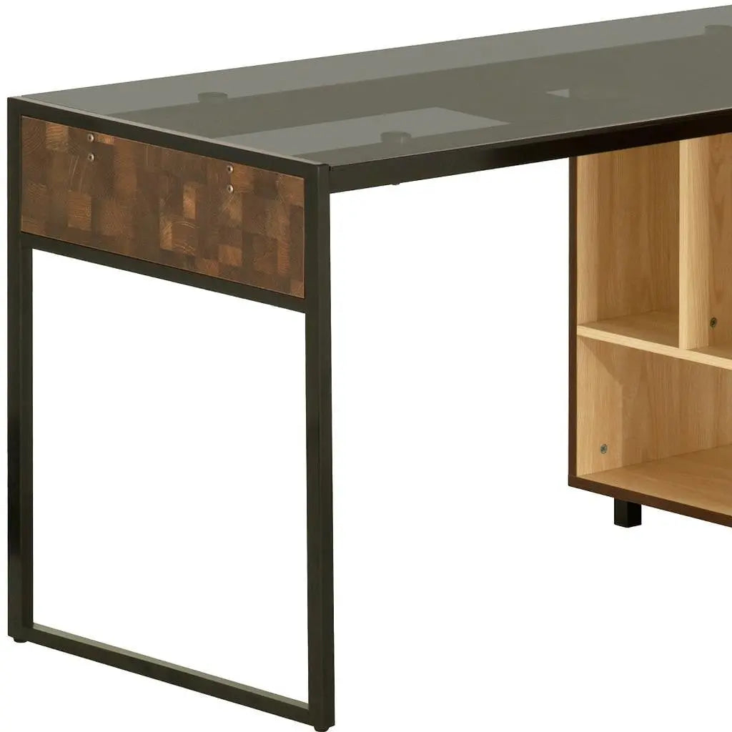 56" Brown and Natural Glass Wood and Stainless Steel L Shape Sled Computer Desk and Bookshelf Set Homeroots Office