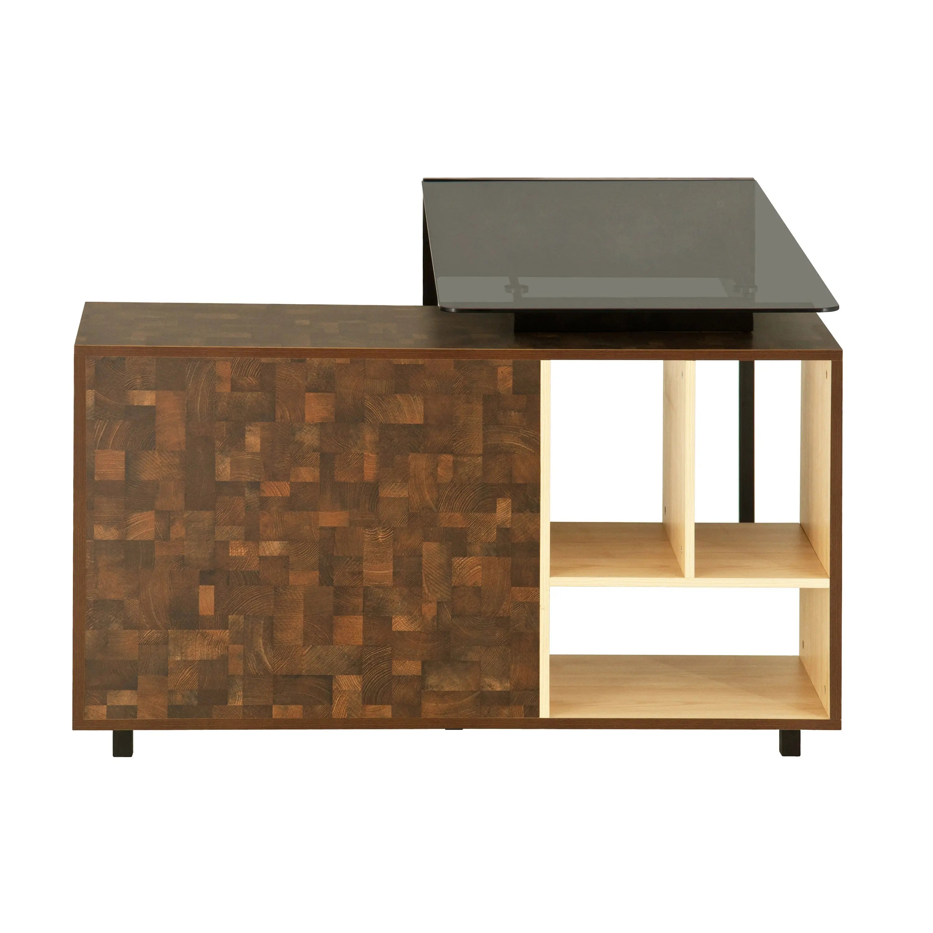 56" Brown and Natural Glass Wood and Stainless Steel L Shape Sled Computer Desk and Bookshelf Set Homeroots Office