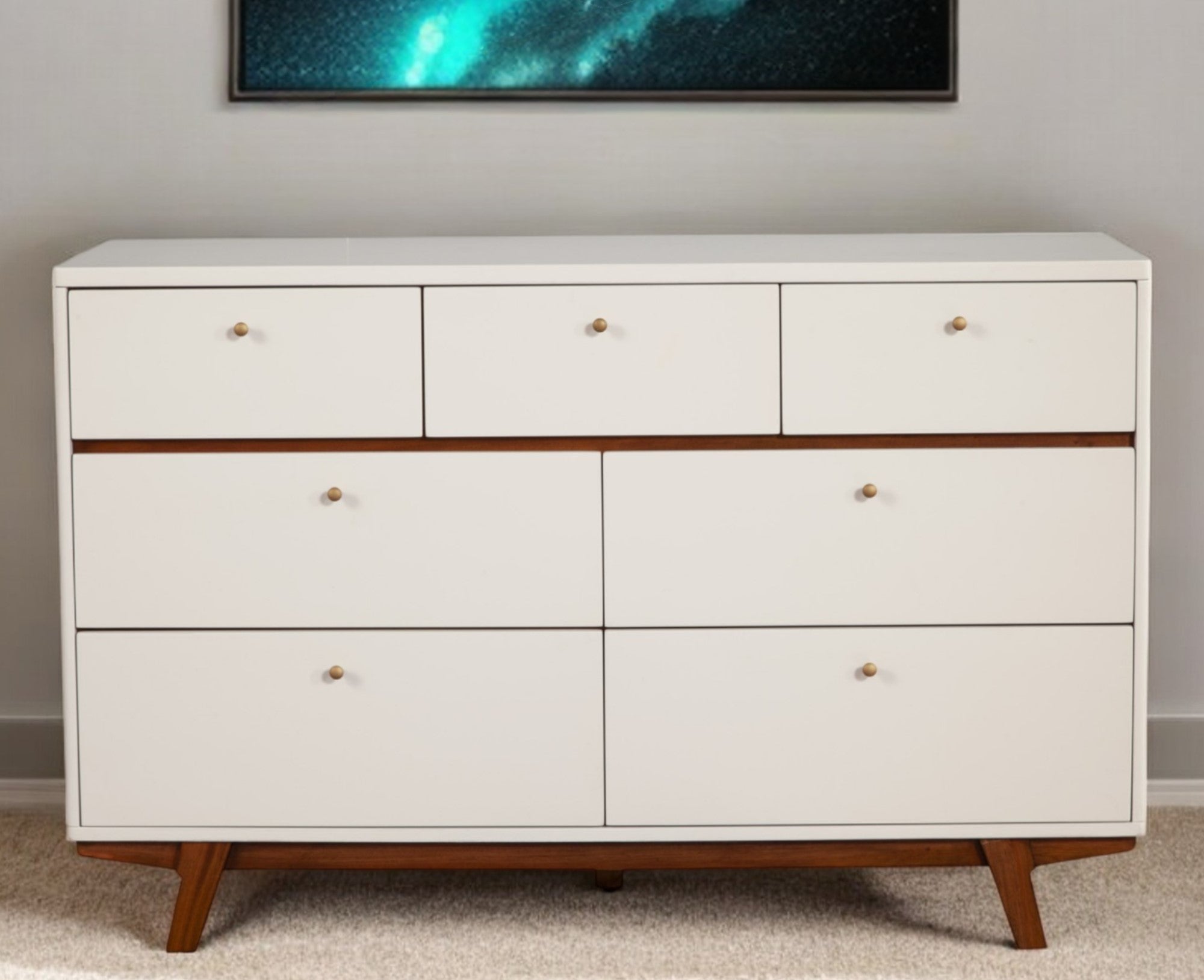 56" Brown and White Solid Wood Seven Drawer Double Dresser - GreatEagleInc