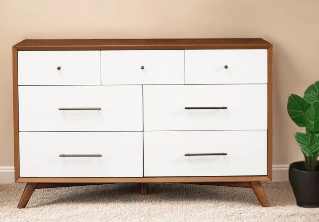 56" Brown and White Solid Wood Seven Drawer Double Dresser - GreatEagleInc