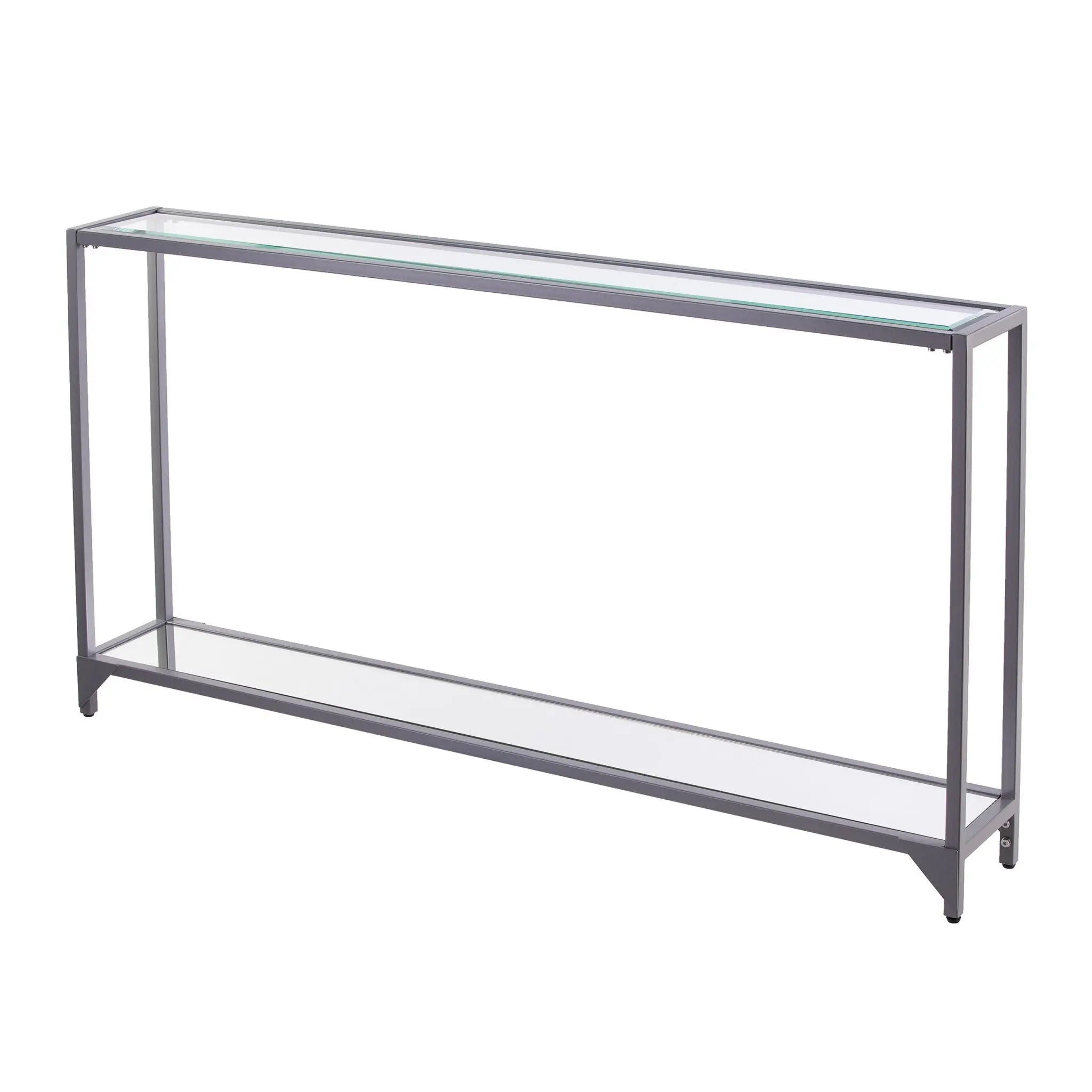 56" Clear and Silver Glass Mirrored Floor Shelf Console Table With Storage Homeroots Living Room