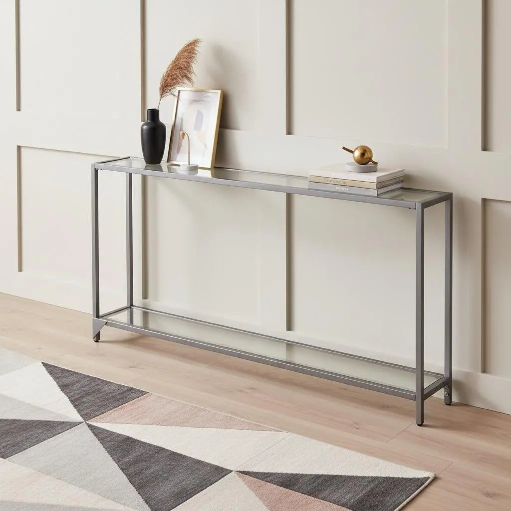 56" Clear and Silver Glass Mirrored Floor Shelf Console Table With Storage Homeroots Living Room