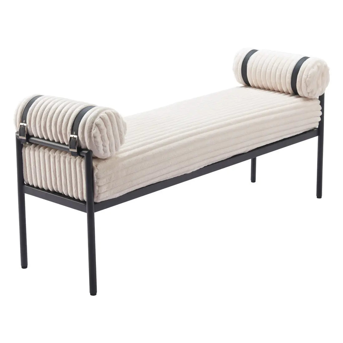 56" Cream and Black Fabric and Steel Upholstered Bench Homeroots Living Room
