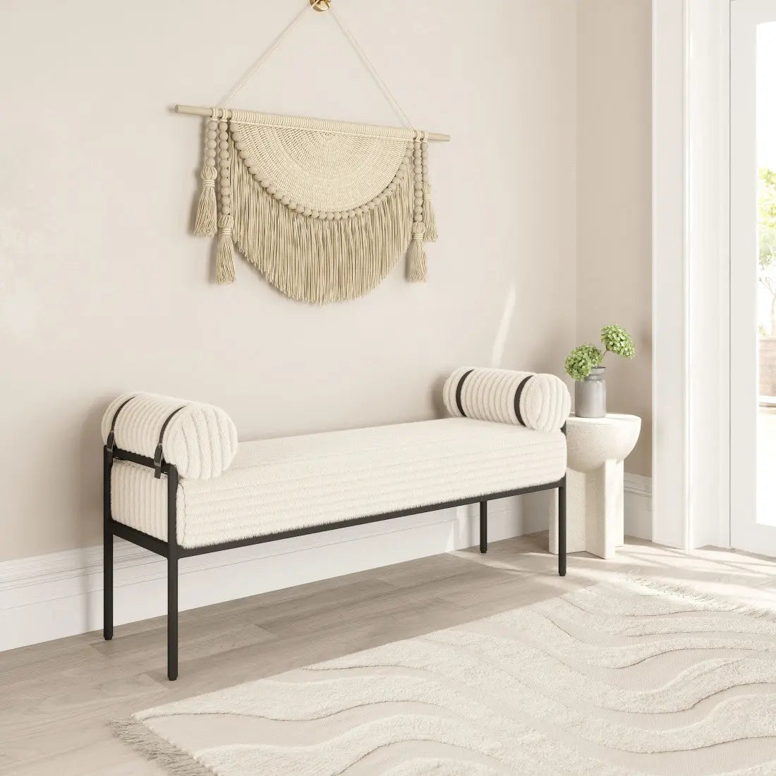 56" Cream and Black Fabric and Steel Upholstered Bench Homeroots Living Room