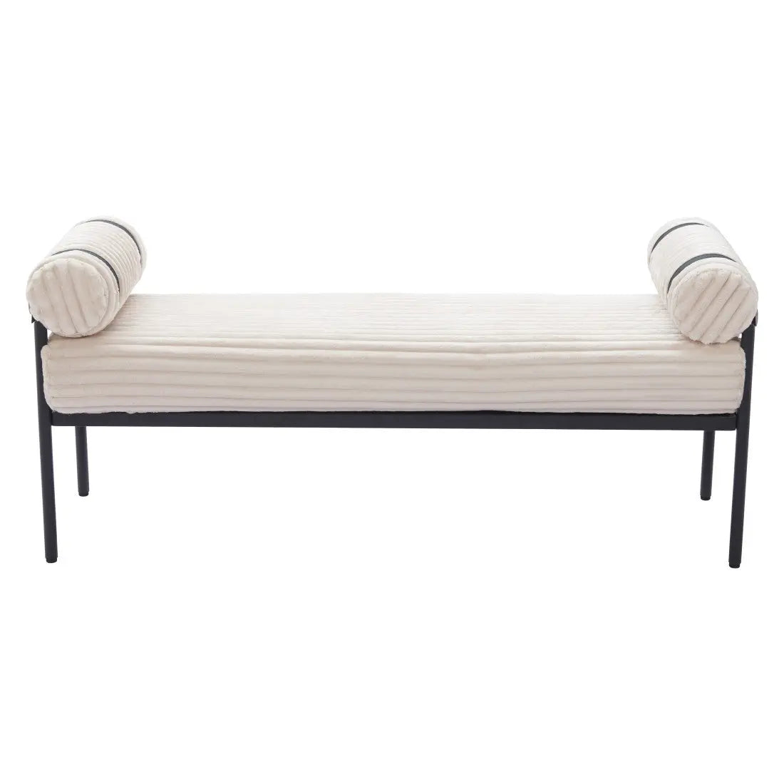 56" Cream and Black Fabric and Steel Upholstered Bench Homeroots Living Room