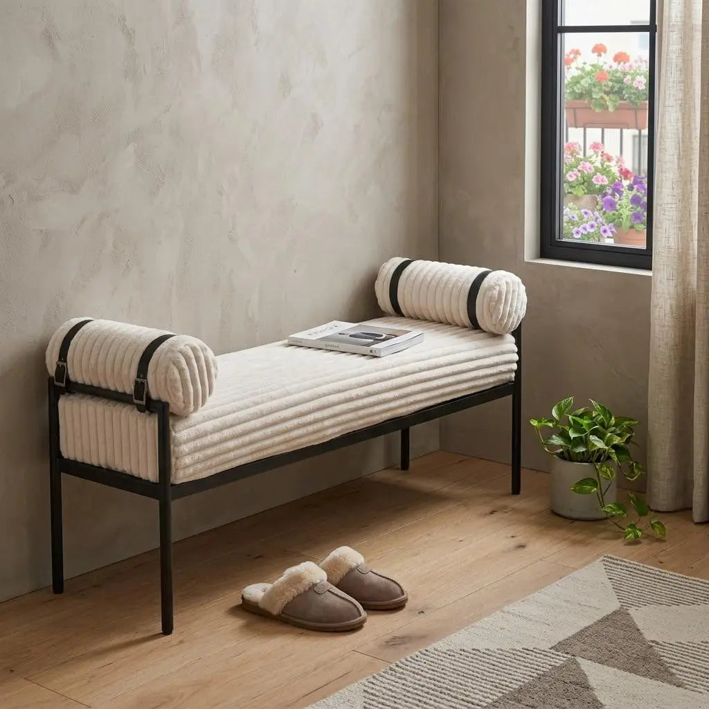 56" Cream and Black Fabric and Steel Upholstered Bench Homeroots Living Room