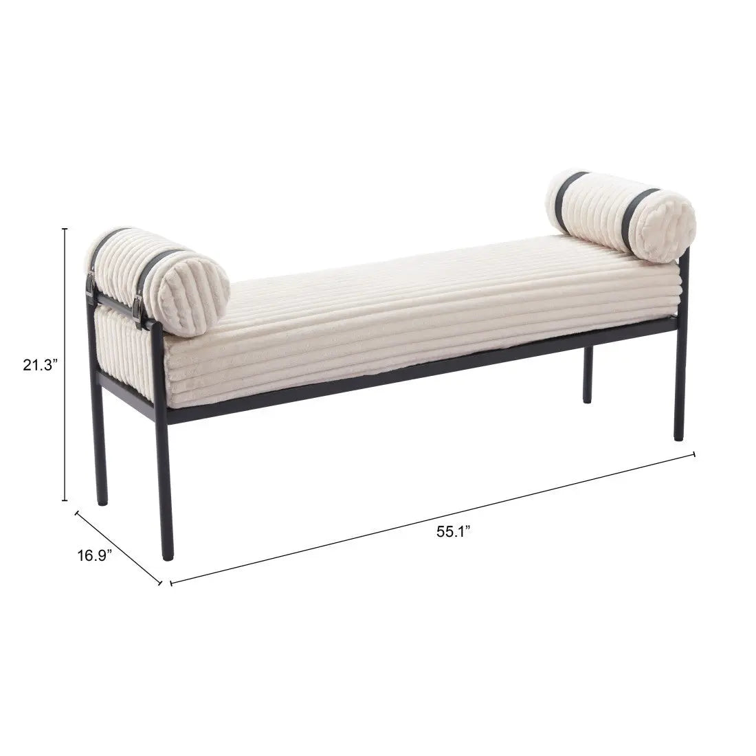56" Cream and Black Fabric and Steel Upholstered Bench Homeroots Living Room