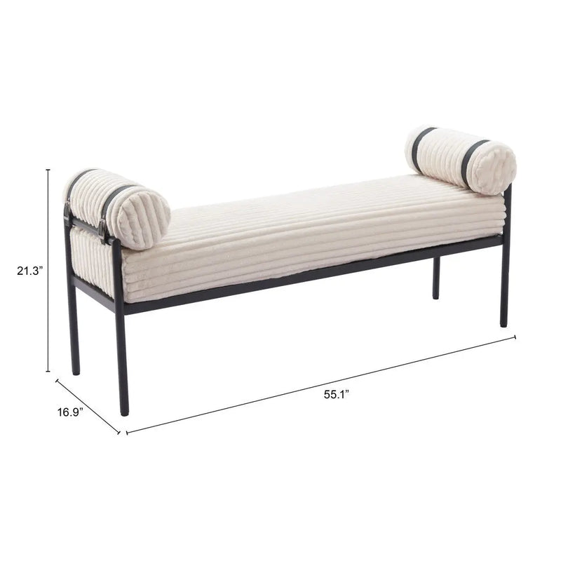 56" Cream and Black Fabric and Steel Upholstered Bench Homeroots Living Room