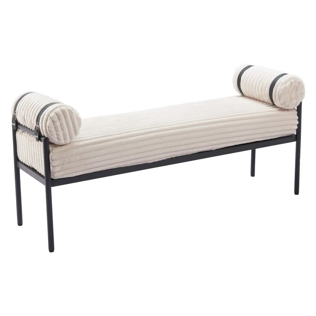 56" Cream and Black Fabric and Steel Upholstered Bench Homeroots Living Room