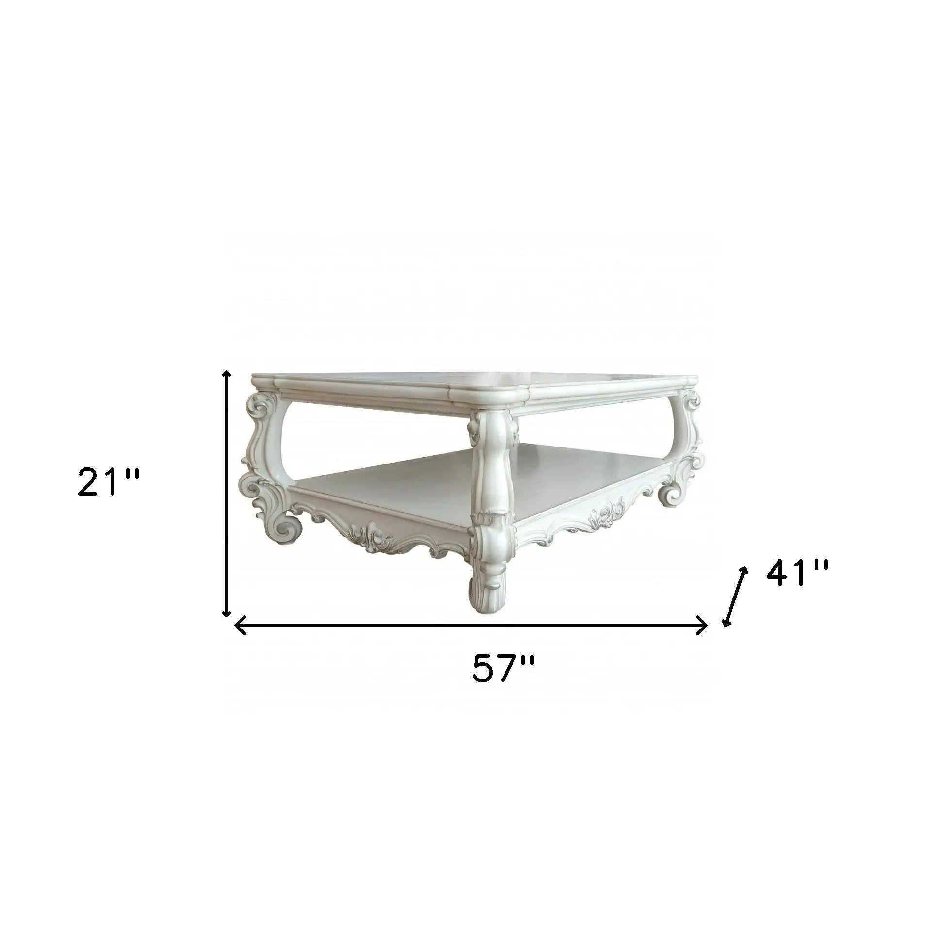 57" Antiqued White Wood Coffee Table With Shelf Homeroots Living Room