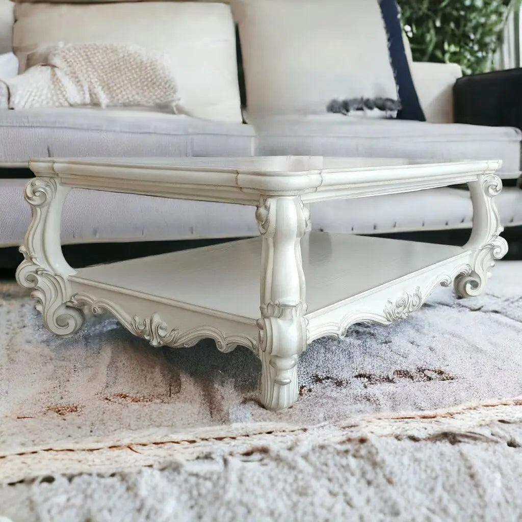 57" Antiqued White Wood Coffee Table With Shelf Homeroots Living Room