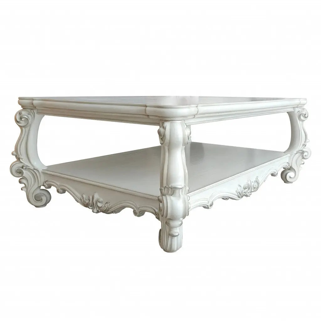 57" Antiqued White Wood Coffee Table With Shelf Homeroots Living Room
